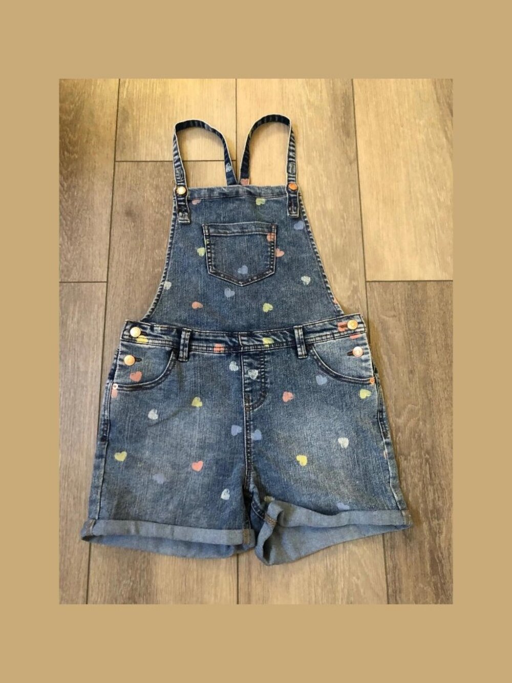 Cat & Jack Girls Heart Print Denim Overall Shorts Blue Size L 10-12 Gently Used